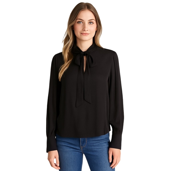 cloth & stone Tops - ANTHROPOLOGIE CLOTH STONE Tie Front Blouse Women Small Black Long Sleeve Career